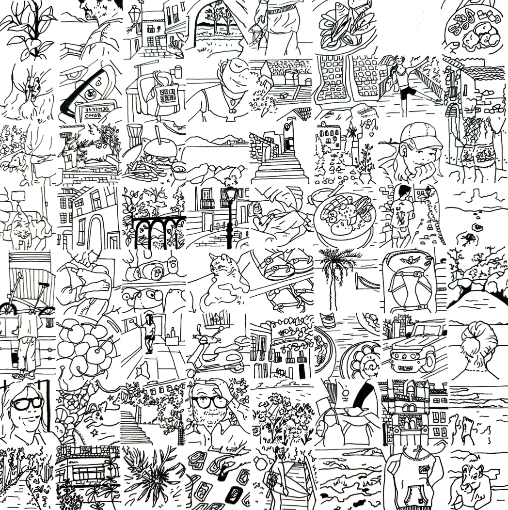 A grid of small ink drawings from Caro's 2024 sketchbook: meals, streets, friends and her cat