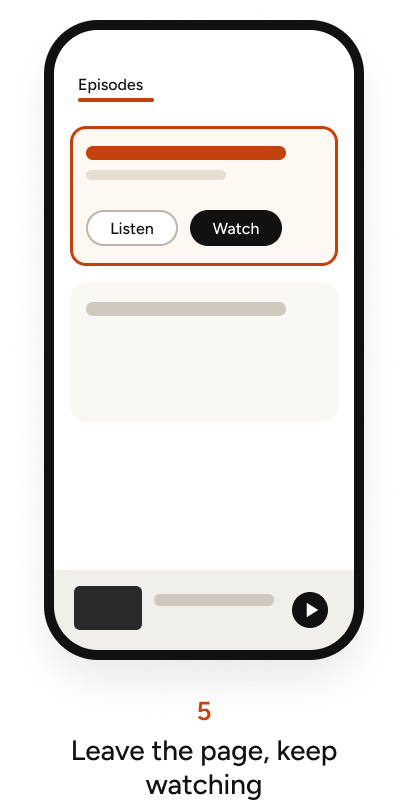 Watch flow on iOS in five steps: tap Watch, video plays in Now Playing, fullscreen, landscape, leave the page and keep watching: 5 Leave the page, keep watching