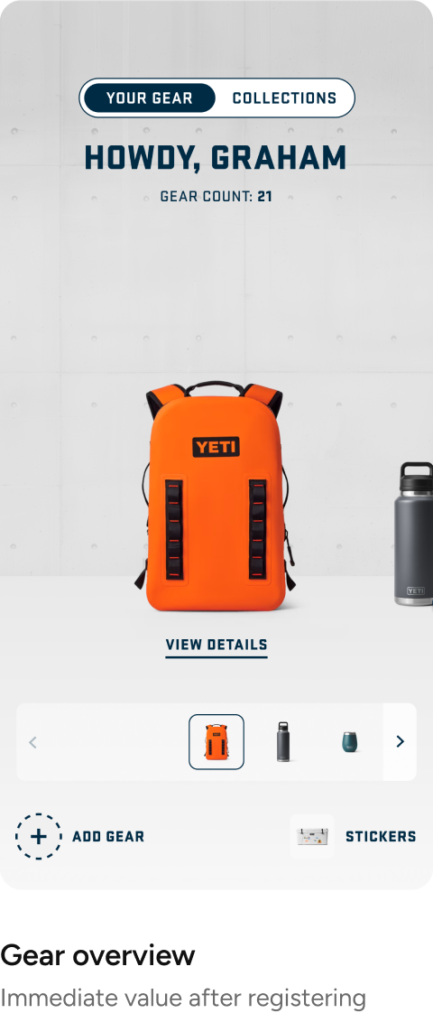 Four mobile screens: Register, Gear overview, Product detail and Collections: Gear overview · Immediate value after registering