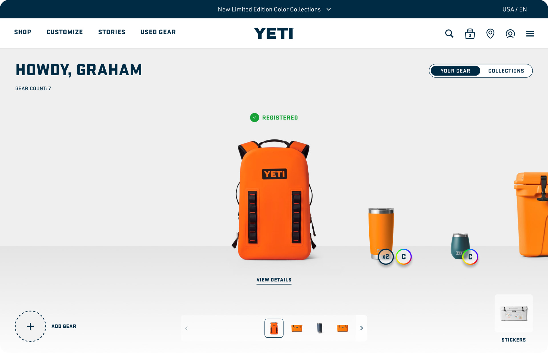 Gear overview on desktop: registered products front and center