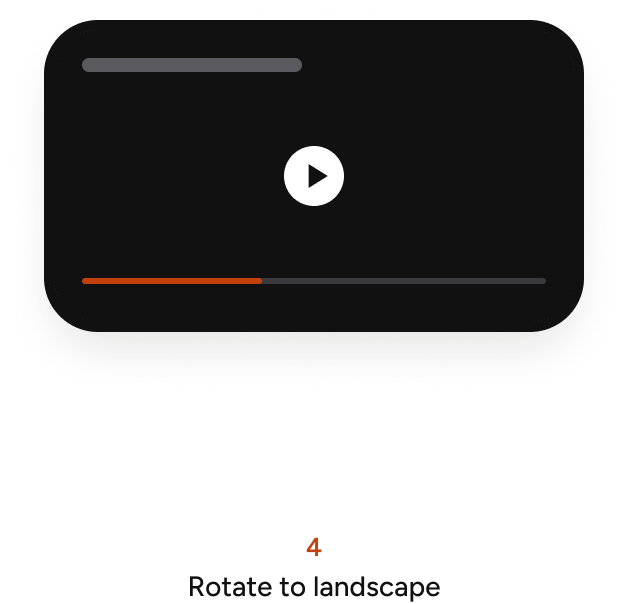Watch flow on iOS in five steps: tap Watch, video plays in Now Playing, fullscreen, landscape, leave the page and keep watching: 4 Rotate to landscape
