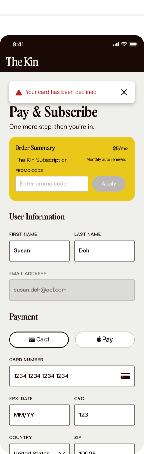 Checkout error: card declined