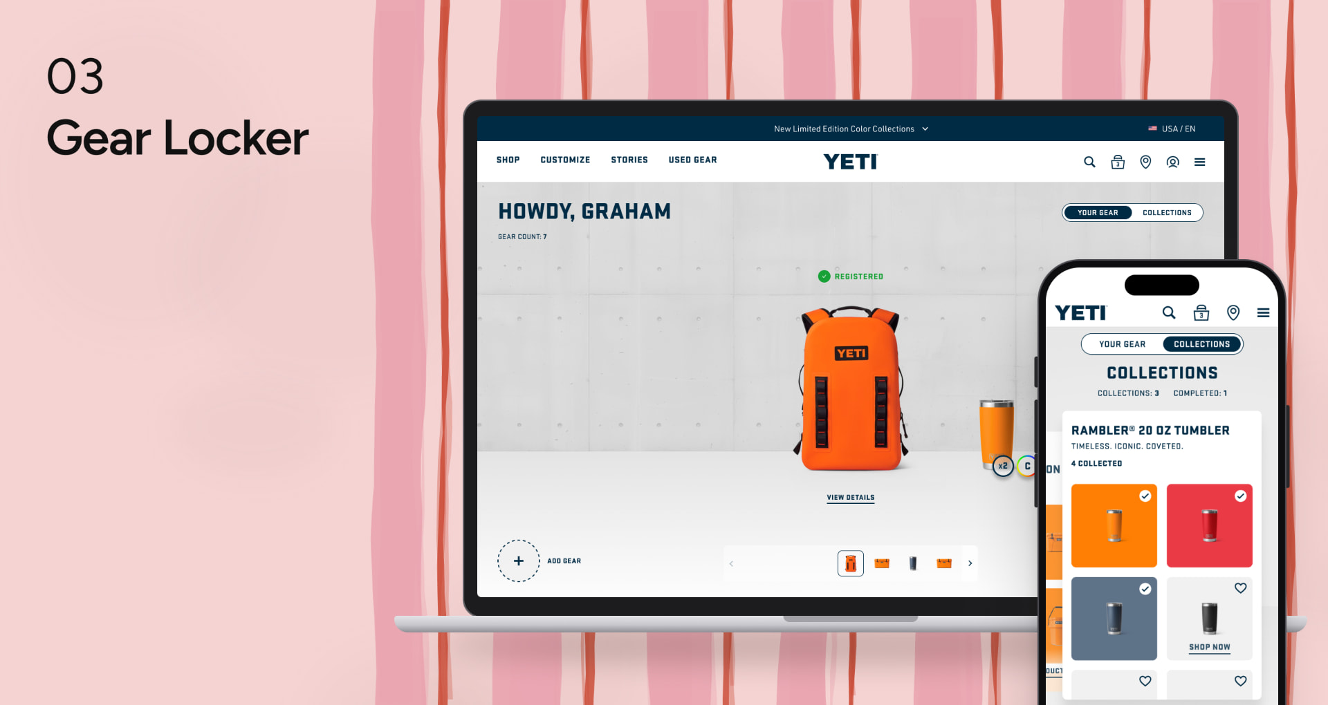 Gear Locker: YETI's website on desktop and mobile showing a registered backpack
