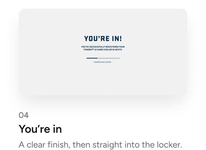 Four registration steps on desktop: choose the type, pick the exact color, confirm the match, you're in: 04 You’re in: A clear finish, then straight into the locker.