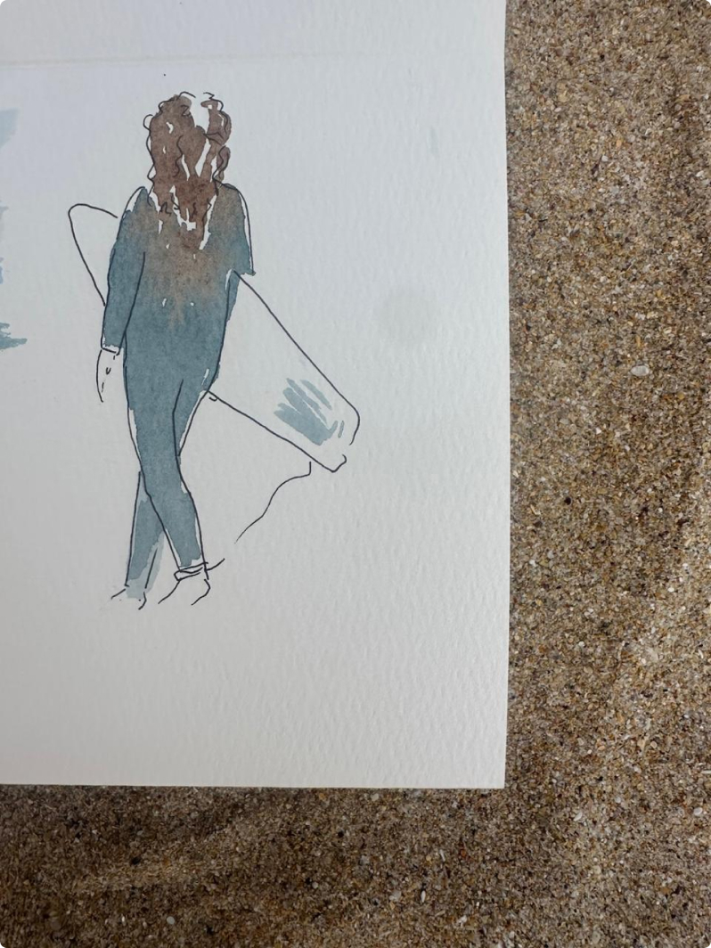Ink and color sketch of a surfer holding a board