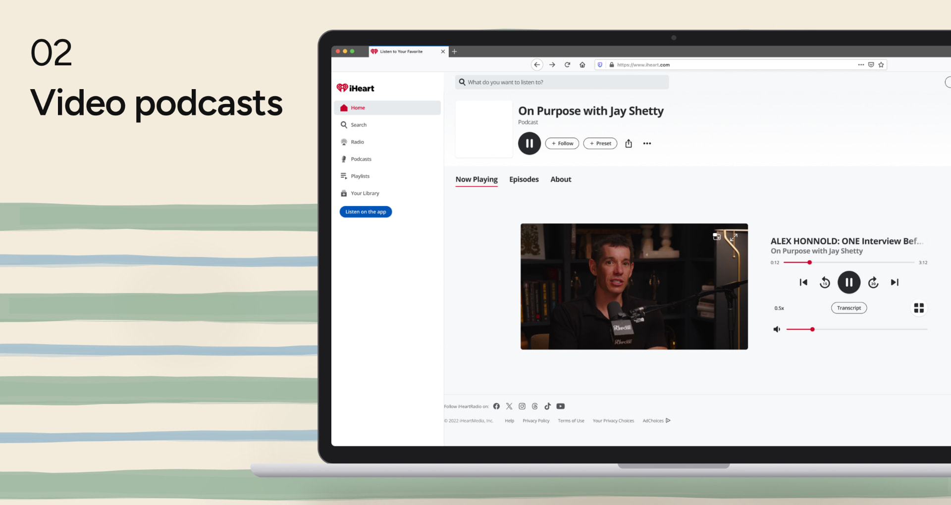 Video podcasts: the iHeartRadio web player with a video podcast playing