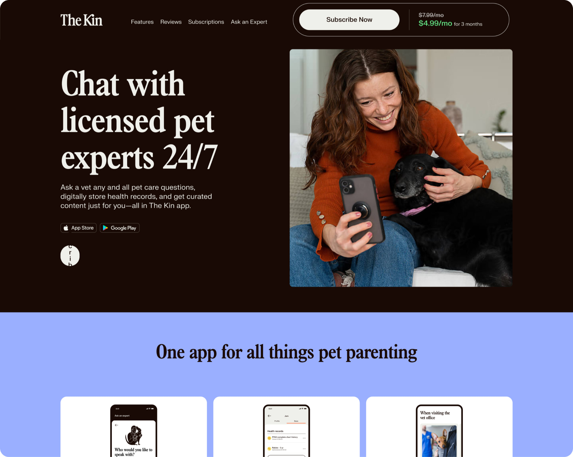 The Kin homepage: chat with licensed pet experts 24/7
