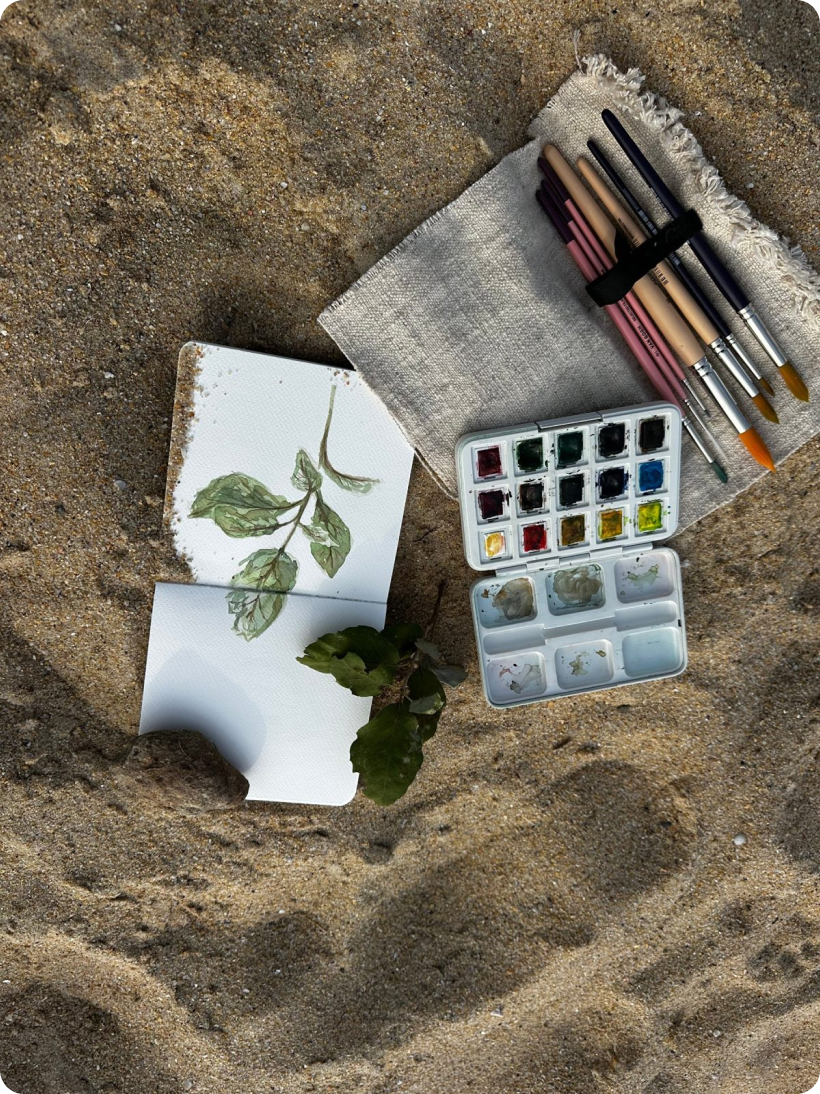 Watercolor leaf study on the sand with a paint palette