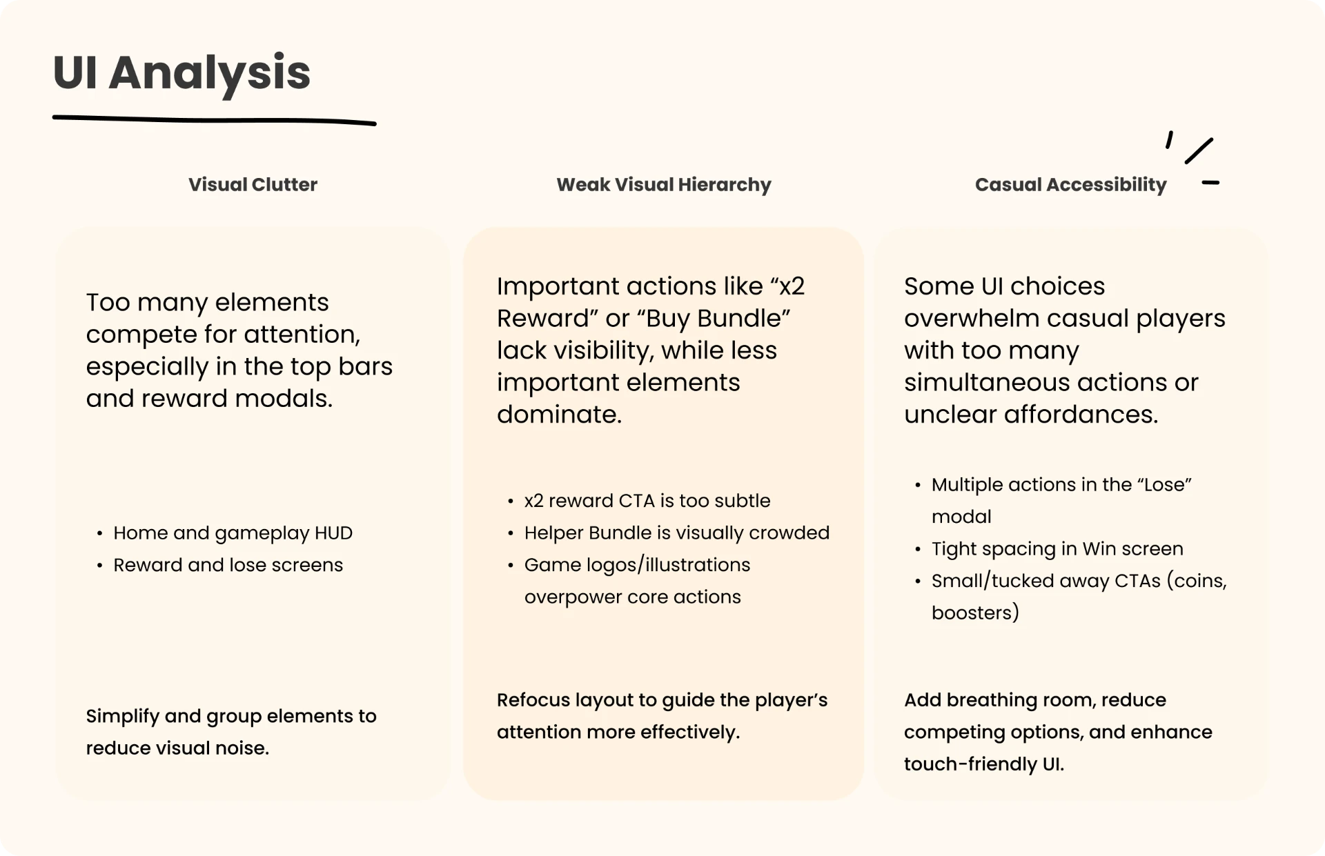 The three patterns: visual clutter, weak visual hierarchy, casual accessibility