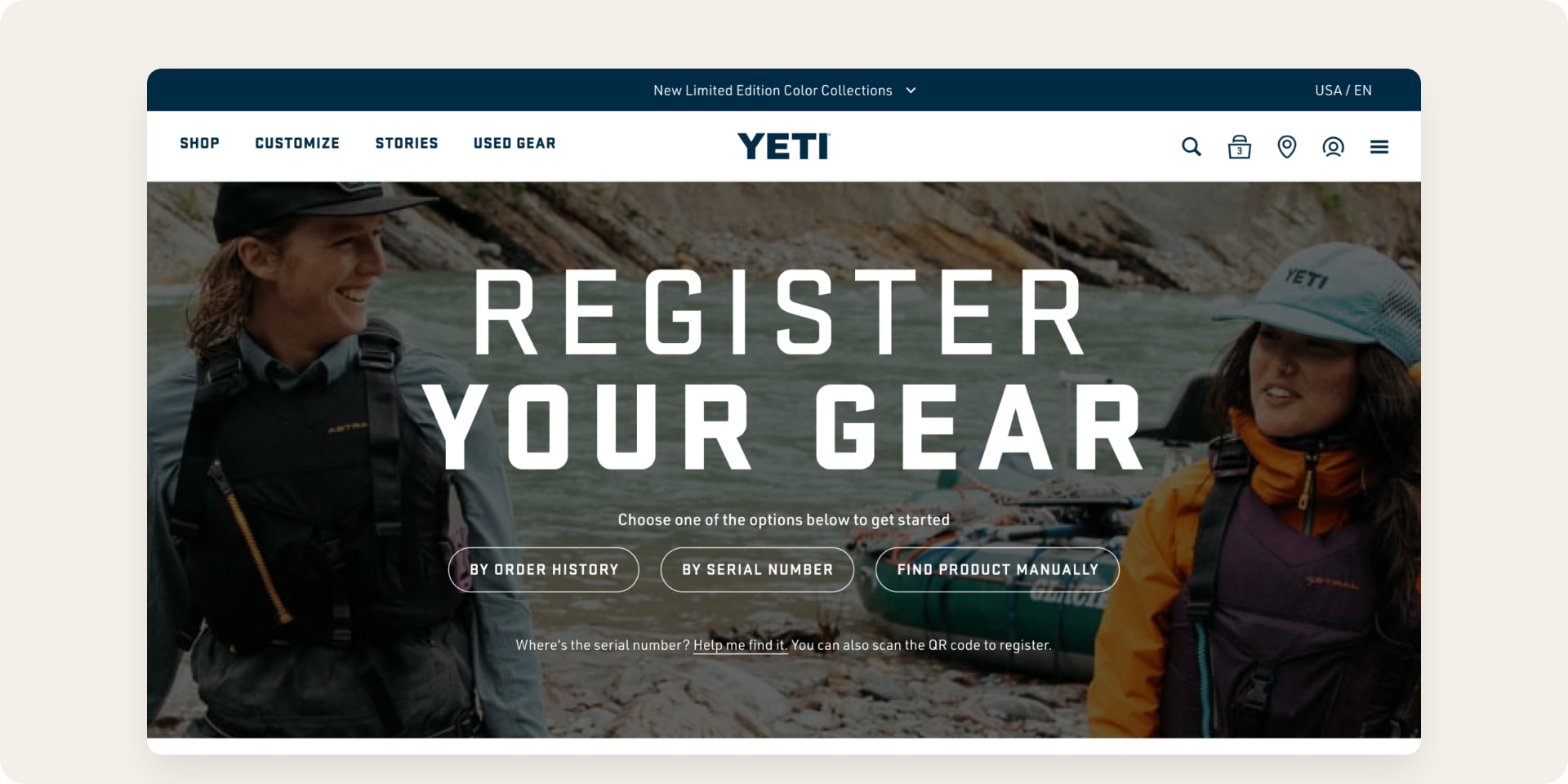 The three ways to start registering: order history, serial number or find it manually