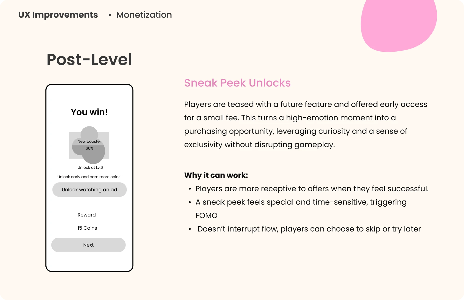 Post-level sneak peek: a future feature teased right after a win, with an early unlock offer