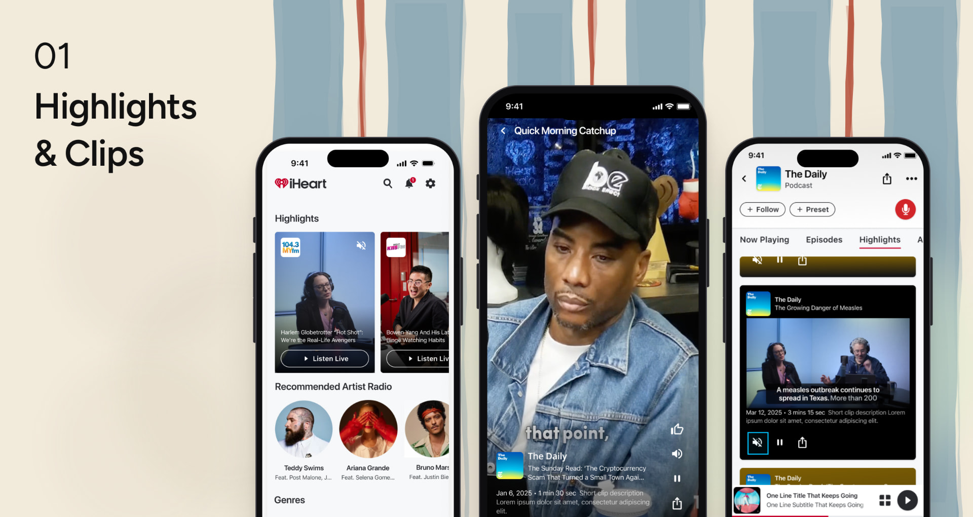 Highlights & Clips: three iHeartRadio phone screens showing short video clips