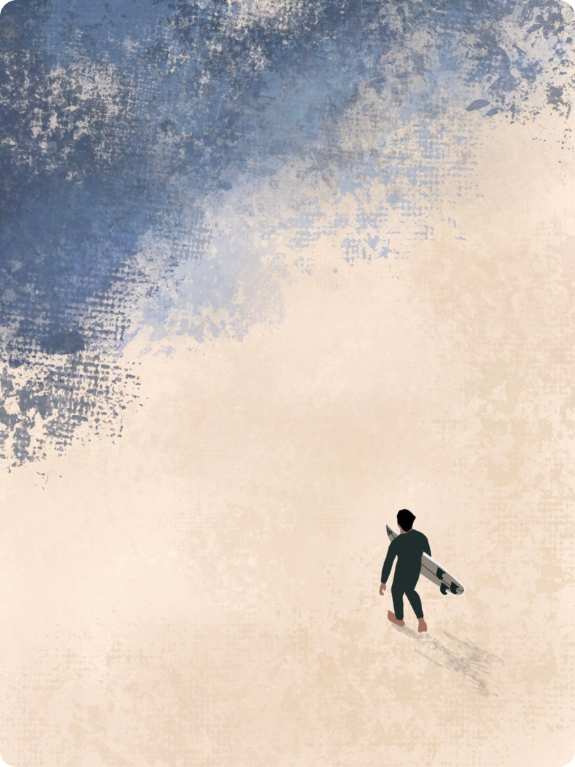 Digital illustration of a person walking on a pale beach