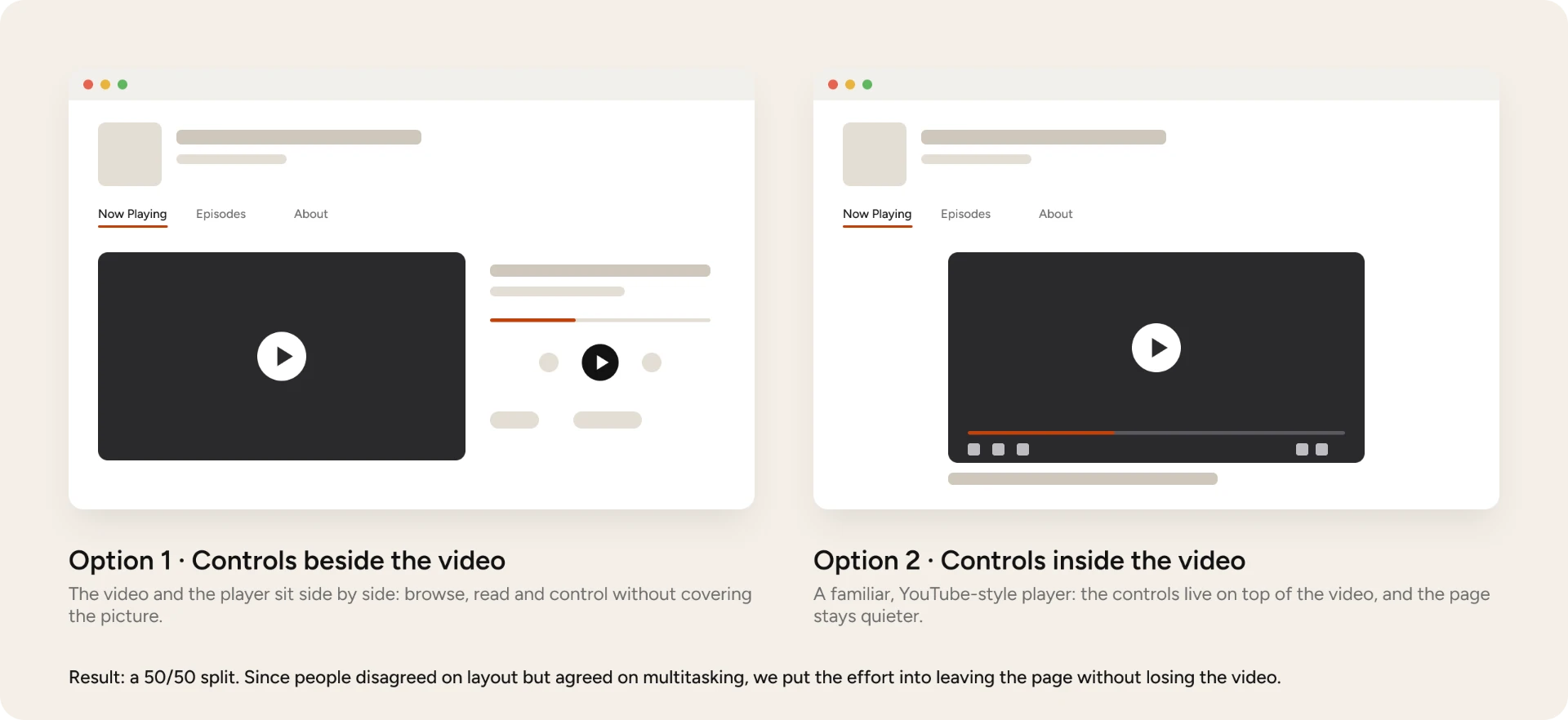 Two wireframes: option 1 with player controls beside the video, option 2 with controls inside the video