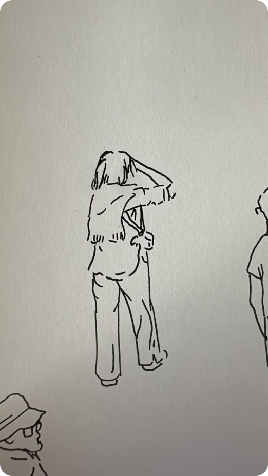 Ink line drawing of a standing woman