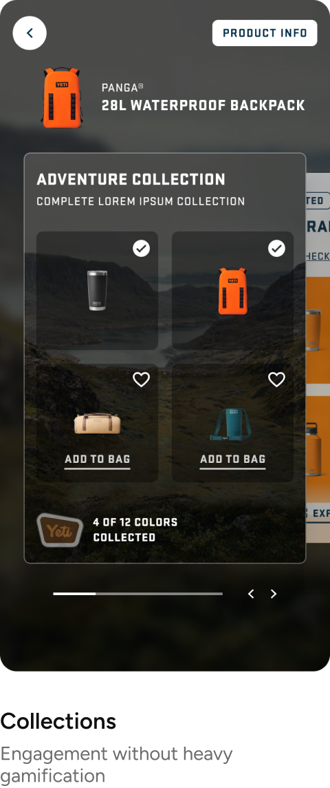 Four mobile screens: Register, Gear overview, Product detail and Collections: Collections · Engagement without heavy gamification