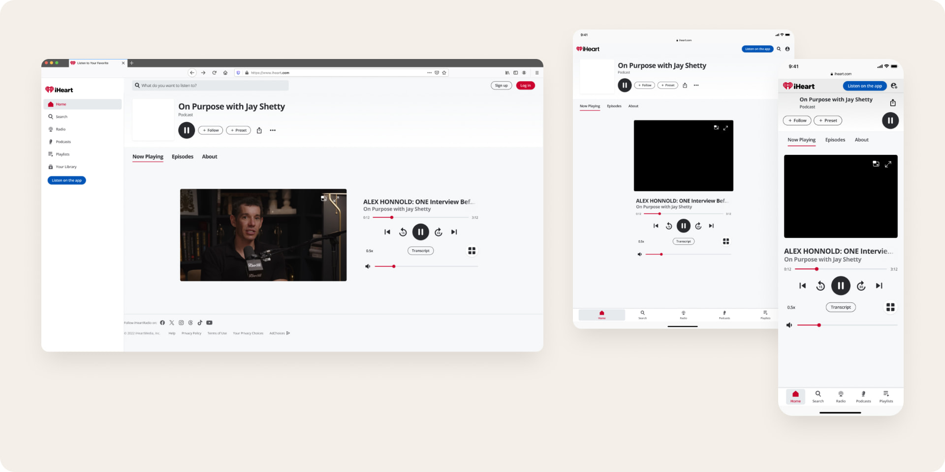 The Now Playing tab with video on desktop, tablet and mobile web